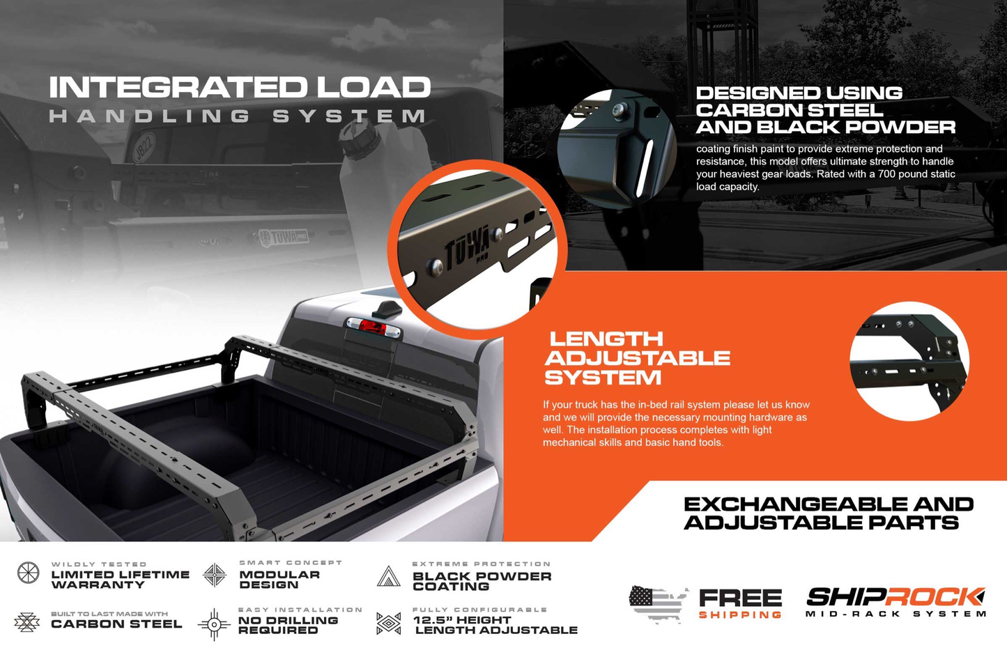 4CX Series Shiprock Mid Rack (12.5") - Fits 2016 to 2026 Honda Ridgeline by TUWA PRO