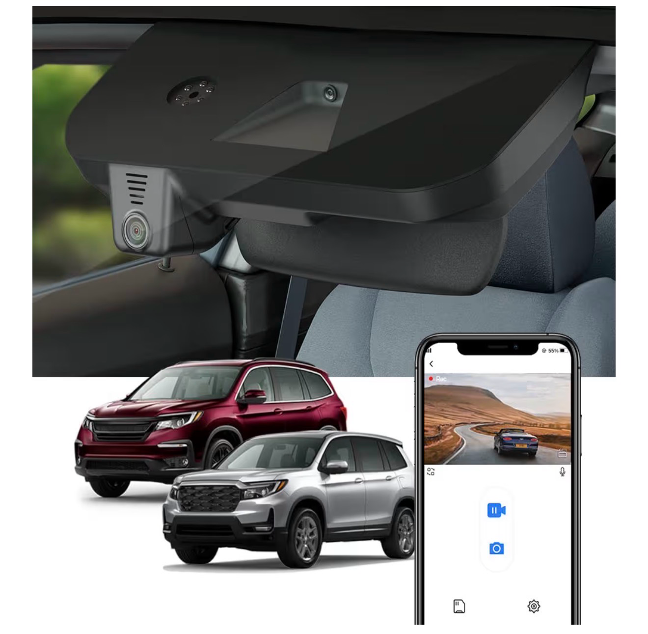Fitcamx 4K Dash Cam Suitable for Honda Pilot 2016-2022 & Passport 2019-2025 Touring EX LX Elite Sport EXL (DZ-0337), OEM Look, UHD 2160P Video, WiFi & APP, Loop Recording, G-Sensor, Plug&Play, 64GB
