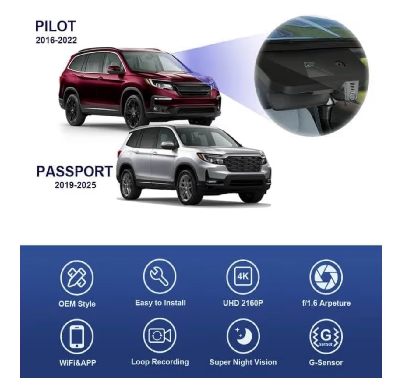 Fitcamx 4K Dash Cam Suitable for Honda Pilot 2016-2022 & Passport 2019-2025 Touring EX LX Elite Sport EXL (DZ-0337), OEM Look, UHD 2160P Video, WiFi & APP, Loop Recording, G-Sensor, Plug&Play, 64GB